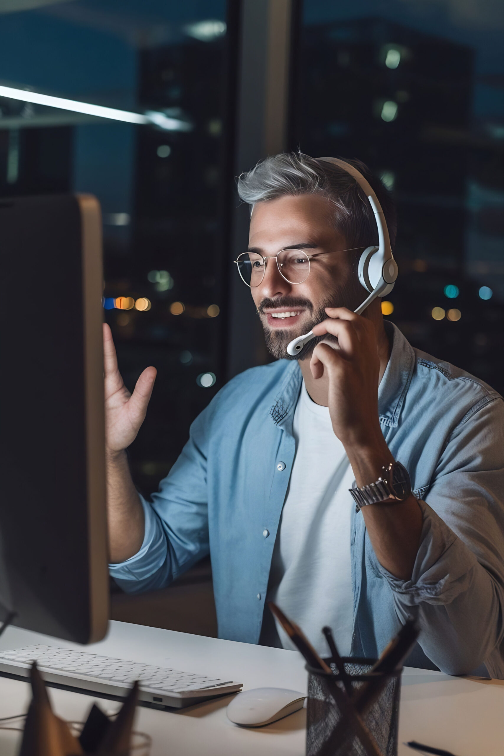 Businessman giving a thumbs up while at work
